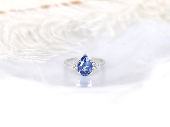 2.10ct Ready to Ship Juliet 14kt Gold Cornflower Blue Sapphire Diamond Art Deco 3 Stone Pear Ring,Unique Cluster Ring,September Birthstone