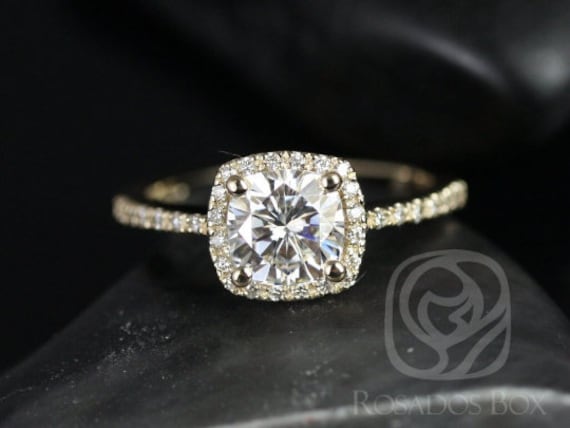 Rosados Box Ready to Ship Randi 6mm 14kt Yellow Gold Cushion Forever One Moissanite and Diamond Halo Engagement Ring