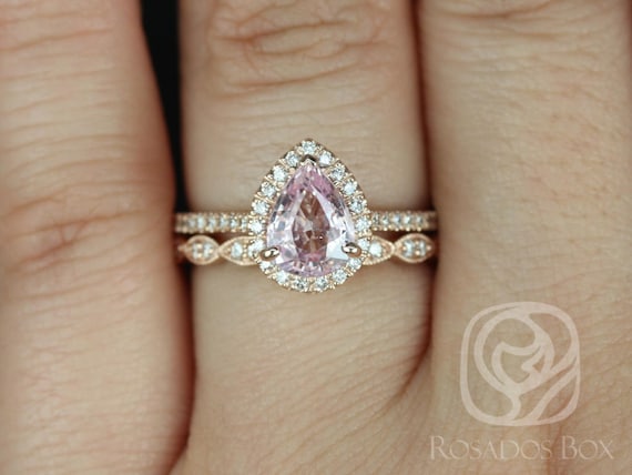 1.40ct Ready to Ship Tabitha & Christie 14kt Rose Gold Raspberry Champagne Sapphire Diamond Art Deco Pear Halo Bridal Set