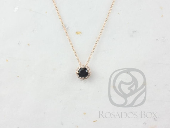 Gemma 5mm 14kt Rose Gold Round Black Onyx and Diamonds Halo Floating Necklace