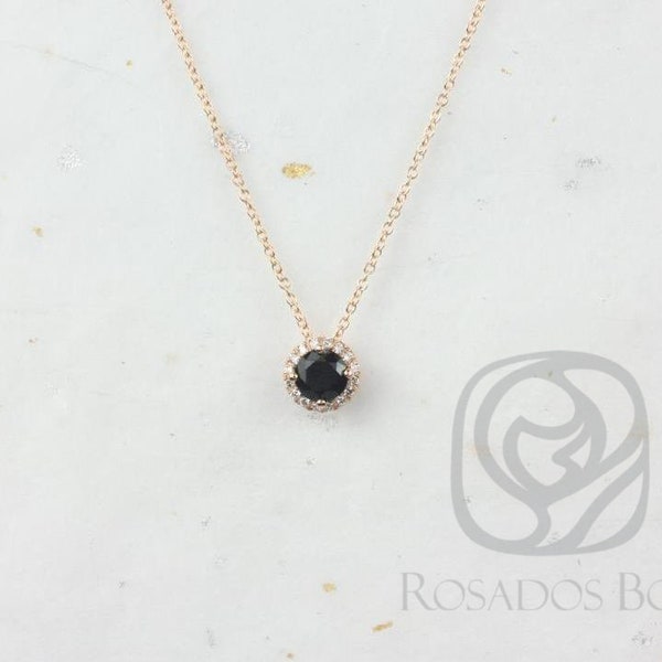 Gemma 5mm 14kt Rose Gold Round Black Onyx and Diamonds Halo Floating Necklace