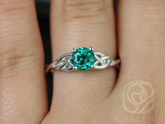 Cassidy 6mm 14kt Solid White Gold Green Emerald Celtic Love Knot Irish Triquetra Round Engagement Ring