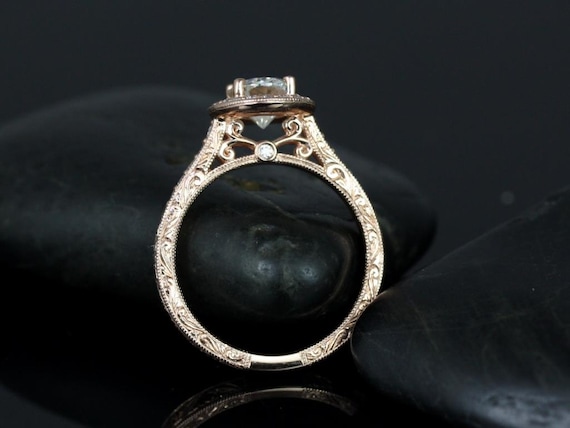 SALE  Ready to Ship Aurora 8x6mm Limited Edition 14kt Rose Gold Oval FB Moissanite Diamond Hand Engraved Halo Wedding Set