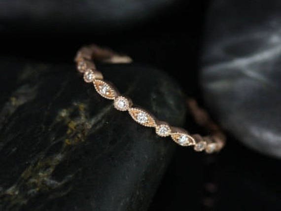 Rosados Box Ready to Ship Ultra Petite Gwen 14kt Rose Gold Art Deco WITH Hand Milgrain Beading Diamond FULL Eternity Band Stack Ring