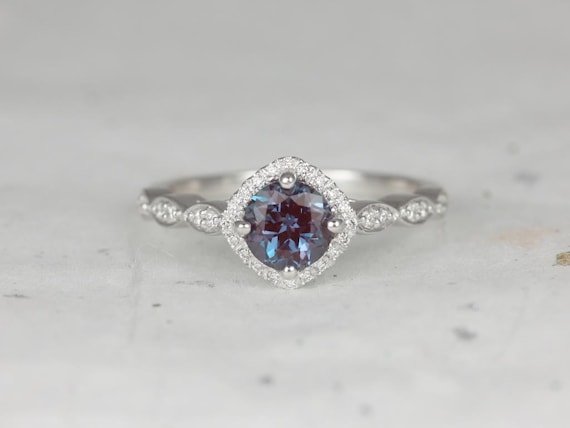 Katya 6mm 14kt White Gold Alexandrite Diamonds Cushion Halo WITHOUT Milgrain Ring,Alexandrite Unique Halo Ring,Kite Set Ring,June Birthstone