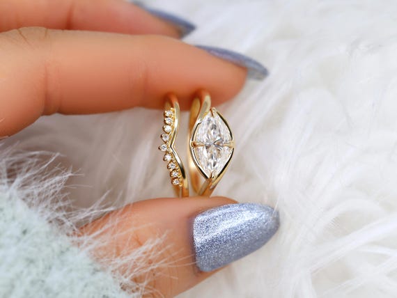 1.50ct Scullie & Lonnie 14kt Diamond East West Marquise Solitaire Wedding Ring Set,Marquise Cut Ring,Marquise Diamond Engagement Ring