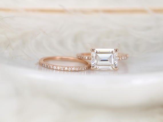 SALE 3.90ct Ready to Ship Becca 10x8mm 14kt Rose Gold FB Moissanite East West Set Emerald Cut Bridal Set,Sideways Set Engagement Ring Set