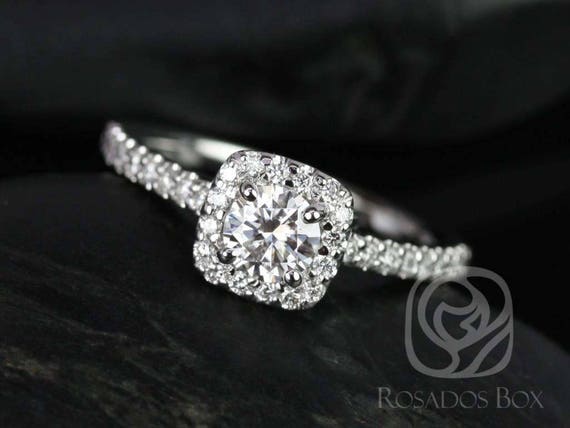 Rosados Box Ready to Ship Mikena 5mm 14kt ROSE Gold Round Forever One Moissanite Diamonds Halo Engagement Ring