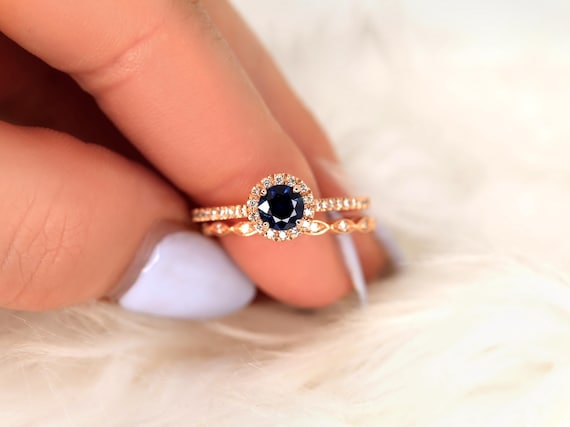 0.63ct Ready to Ship Kubian & Ult Pte Leah 14kt Blue Sapphire Diamond Round Halo Bridal Set,Art Deco Ring Set,Sapphire Wedding Ring