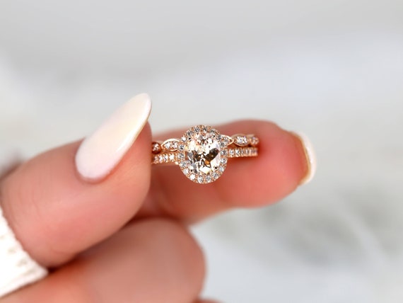 1.51ct Ready to Ship Federella & Christie 14kt Rose Gold Champagne Peach Sapphire Diamonds Halo Bridal Set,Sapphire Halo Ring,Unique Ring