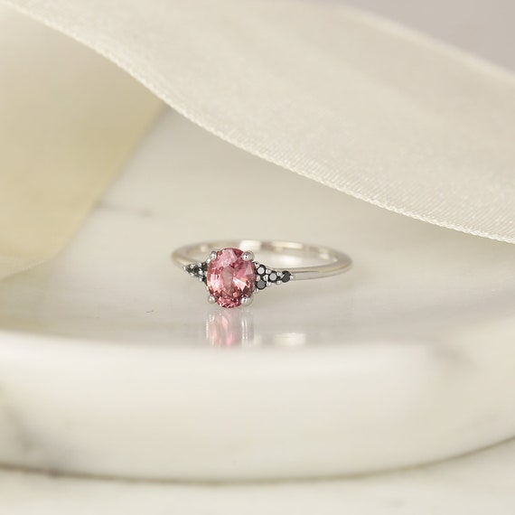 0.96ct Ready to Ship Maddy 14kt White Gold Padparadscha Raspberry Red Sapphire Black Diamond Dainty Oval Cluster 3 Stone Ring