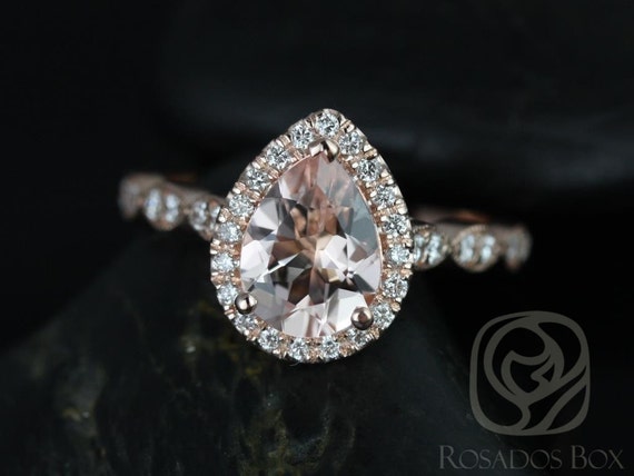 Sydney 9x7mm 14kt Rose Gold Pear Morganite and Diamonds Halo and Leaves WITH Milgrain Engagement Ring