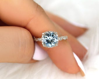 Christie 8mm 14kt Aquamarine Diamond WITH Milgrain Cushion Halo Ring,Art Deco Engagement Ring,March Birthstone,Gift For Her,Anniversary Ring