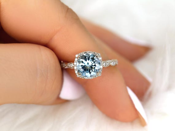 Christie 8mm 14kt Aquamarine Diamond WITH Milgrain Cushion Halo Ring,Art Deco Engagement Ring,March Birthstone,Gift For Her,Anniversary Ring