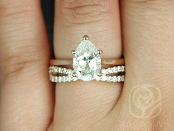2cts Skinny Jane 10x7mm & Lima 14kt Rose Gold Pear Forever One Moissanite Dainty Cathedral Solitaire Bridal Set