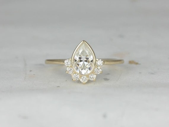 1ct Oana 8x5mm 14kt Gold Moissanite Diamonds Bezel Crescent Half Halo Unique Pear Ring,Anniversary Gift,Me Ring