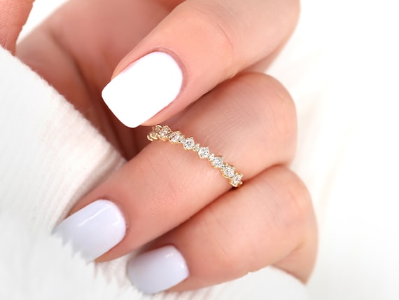 Clover 14kt Gold Diamond HALFWAY Eternity Ring,Dainty Diamond Ring,Art Deco Ring,Unique Wedding Ring,Anniversary Ring,Stackable Ring