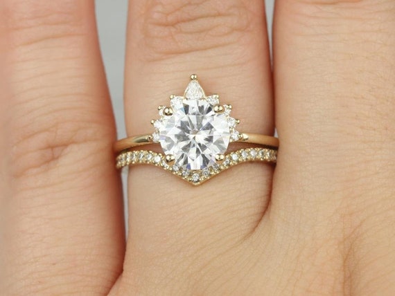 2ct Kylie 8mm & Chevy 14kt Moissanite Diamond Unique Bridal Set,Half Halo Ring,Asymmetrical Halo Ring,Engagement Ring Set,Anniversary Gift