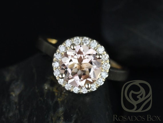 Rosados Box Ready to Ship Feema 8mm 14kt Yellow Gold Round Morganite and Diamonds Halo Engagement Ring