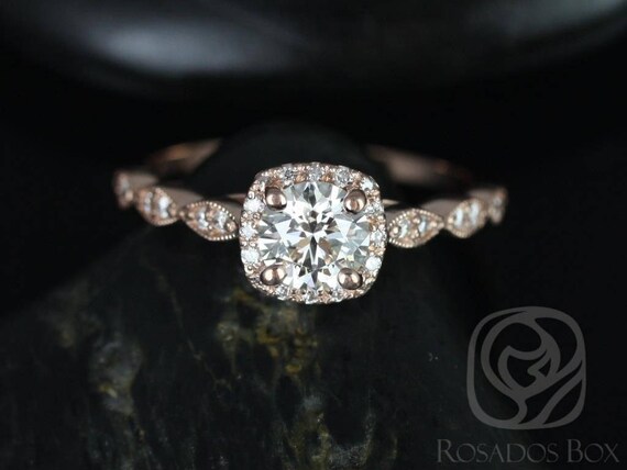 Ready to Ship Christie 3/4ct 14kt Rose Gold Round Diamond Cushion Halo WITH Milgrain Art Deco Engagement Ring