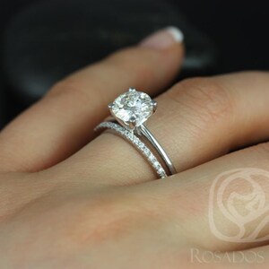 1.50ct Skinny Alberta 7.5mm & Dia Barra 14kt White Gold Moissanite Diamonds Dainty Round Solitaire Wedding Set Ring image 3