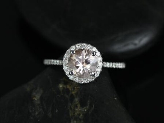 Ready to Ship 14kt White Gold Kubian 7mm Round Morganite Diamonds Micro Pave Petite Halo Engagement Ring