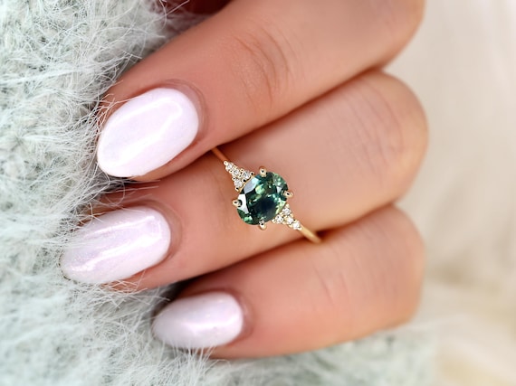 1.27ct Maddy 14kt Teal Montana Sapphire Diamond Oval Cluster Ring,Unique Sapphire Ring,Sapphire Engagement Ring,September Birthstone Ring