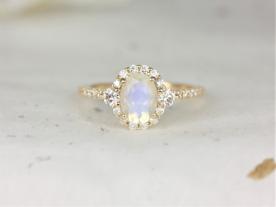 Bridgette 8x6mm 14kt Solid Gold Rainbow Moonstone Diamonds 3 Stone Unique Oval Halo Engagement Ring