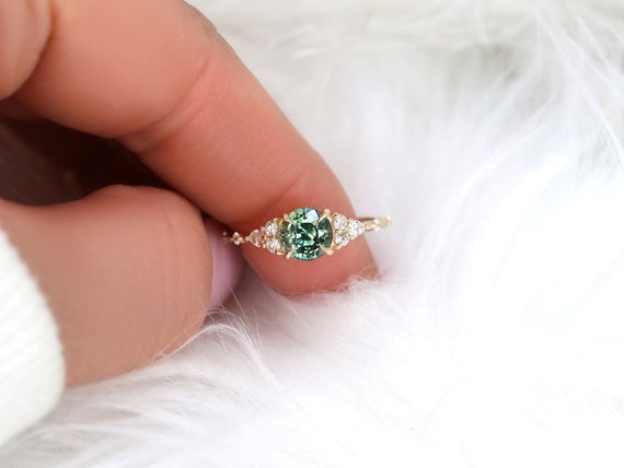 1.46ct Ready to Ship Anastasia 14kt Gold Green Tea Teal Sapphire Diamond Round Cluster Ring, Art Deco Round Ring,Dainty Unique Ring