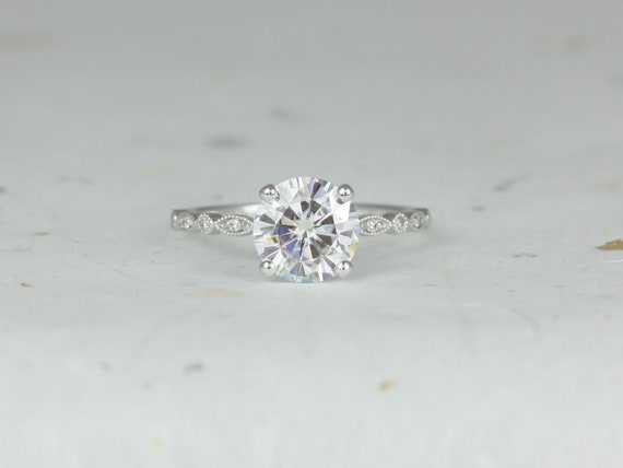 2ct Nadine 8mm 14kt Gold Moissanite Diamond WITH Milgrain Dainty Scalloped Art Deco Round Engagement Ring