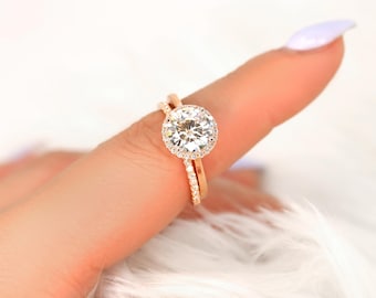 2.25ct Shannon 8.5mm 14kt Gold Moissanite Diamond Round Halo Bridal Set,Round Halo Engagement Ring Set,Round Cut Ring,Halo Wedding Ring Set