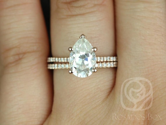 2ct Ann 10x7mm 14kt Moissanite Diamonds Pear Cathedral Solitaire Bridal Set,Pear Engagement Ring,Anniversary Gift,Pear Wedding Ring
