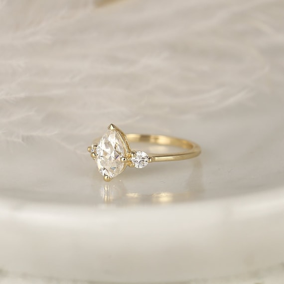 1.50ct Petite Greta 9x6mm 14kt Solid Gold Forever One Moissanite Round 3 Stone Minimalist Dainty Pear Engagement Ring