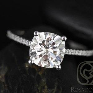 2.40ct Marcelle 8mm 14kt White Gold Cushion Moissanite Diamonds Dainty Cathedral Cushion Solitaire Engagement Ring