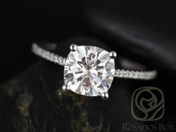 2.40ct Marcelle 8mm 14kt White Gold Cushion Moissanite Diamonds Dainty Cathedral Cushion Solitaire Engagement Ring