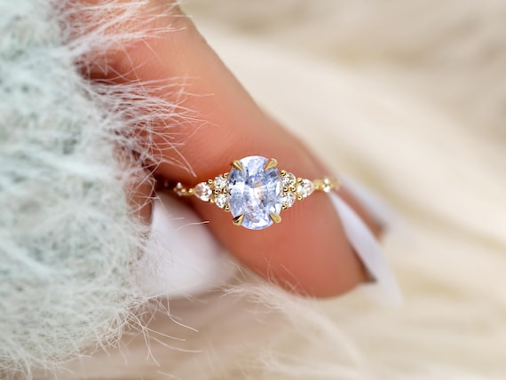 1.76ct Aspen 14kt Frosted Stormy Lavender Cornflower Sapphire Cluster Ring,Art Deco Oval Ring,Unique Oval Ring,Sapphire Engagement Ring