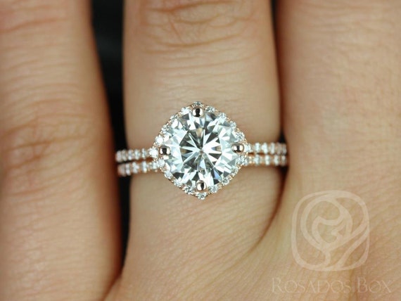 2ct Kitana 8mm 14kt Rose Gold Moissanite Diamonds Dainty Thin Pave Kite Cushion Halo Bridal Set