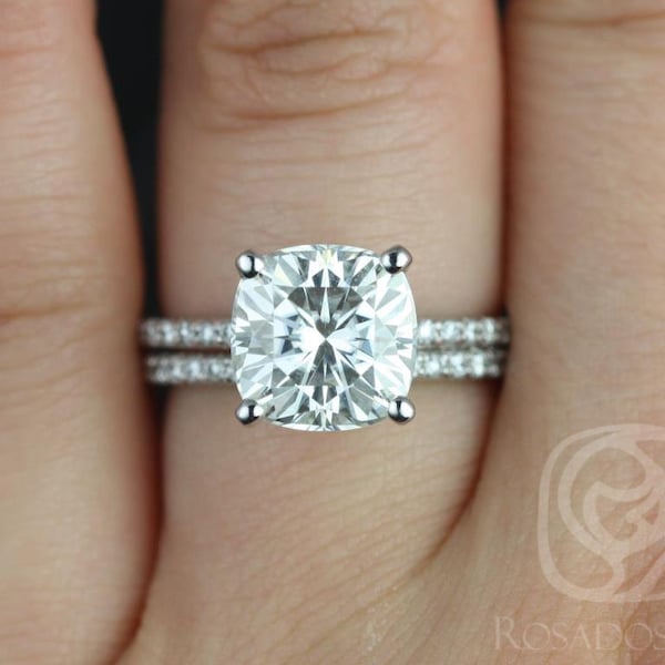 3.30ct Heidi 9mm 14kt White Gold Moissanite Diamond Art Deco Dainty Hidden Pave Basket Cushion Bridal Set