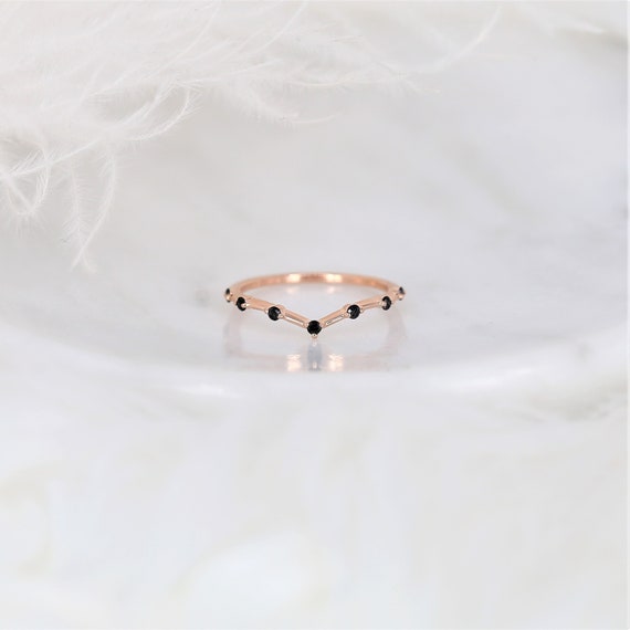 Constellation 14kt Rose Gold Black Diamond HALFWAY Eternity Dainty Chevron Ring,Minimalist Diamond Ring,Unique Stackable Ring