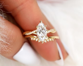 1.50ct Petite Tula 12x6mm & Lonnie 14kt Diamond Crossover Marquise Bridal Set,Marquise Engagement Ring Set,Unique Marquise Wedding Ring