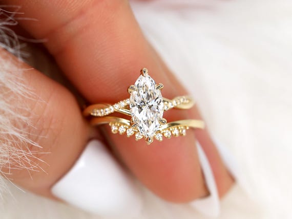 1.50ct Petite Tula 12x6mm & Lonnie 14kt Diamond Crossover Marquise Bridal Set,Marquise Engagement Ring Set,Unique Marquise Wedding Ring
