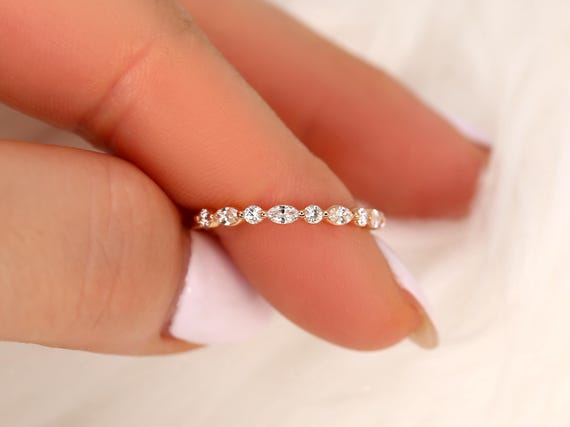 Petite Cher 14kt Marquise Round Diamond HALFWAY Eternity Ring,Unique Diamond Ring,Art Deco Ring,Gift For Her,Diamond Wedding Ring