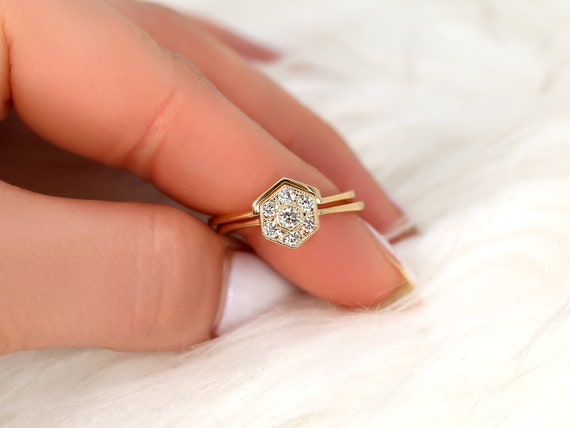 Mosaic 14kt Gold WITH Milgrain Hexagon Diamond Cluster Bridal Set,Dainty Unique Bridal Set,Art Deco Wedding Rings,Diamond Cluster Ring