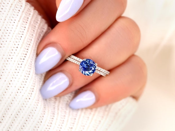 1.64ct Ready to Ship Eloise 14kt Cornflower Blue Sapphire Diamonds Round Solitaire Bridal Set,Sapphire Wedding Ring,Anniversary Ring