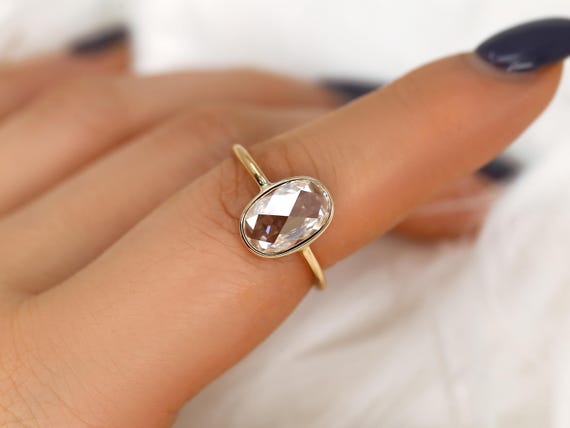 1.50ct Paris Bold 11x7mm 14kt Oval Rose Cut Moissanite Solitaire Ring,Oval Cut Ring,Bezel Set Dainty Minimalist Ring,Anniversary Ring