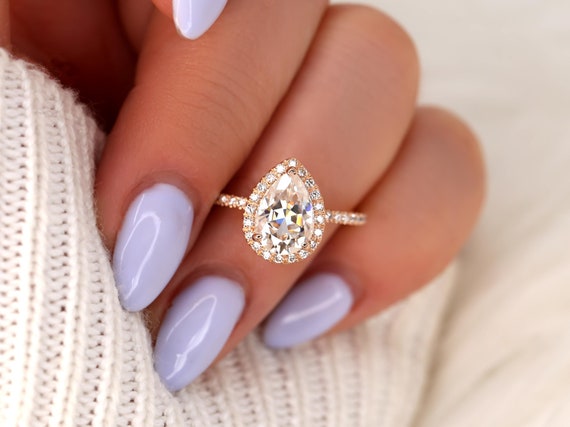 2ct Toni 10x7mm 14kt Rose Gold Moissanite Diamond Pear Halo Ring,Pear Engagement Ring,Halo Pear Ring,Halo Wedding ring,Anniversary Ring