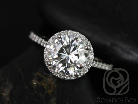 SALE Rosados Box Ready to Ship Kubian 8mm 14kt ROSE Gold Round FB Moissanite Diamonds Dainty Petite Halo Engagement Ring