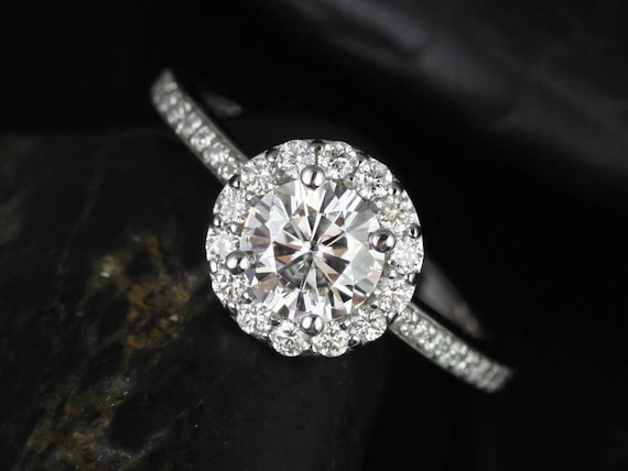 SALE Rosados Box Ready to Ship Marisol 6mm 14kt White Gold FB Moissanite Diamonds Open Gallery Round Halo Engagement Ring