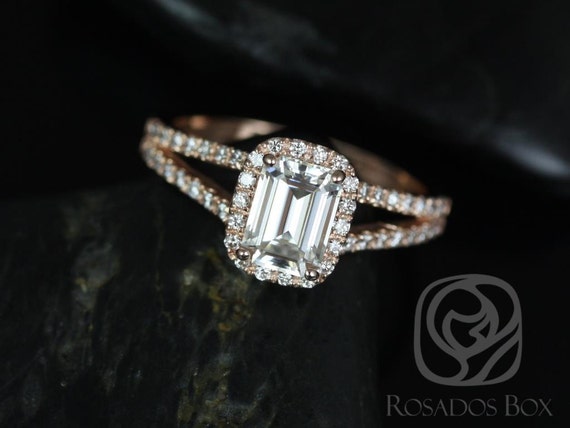 Ready to Ship Yessi 7x5mm 14kt Rose Gold Emerald Forever One GHI Moissanite and Diamonds Split Band Halo Engagement Ring