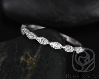 Leah 14kt  White Gold Extra Low Profile WITH Milgrain Double Diamond Leaves HALFWAY Eternity Ring
